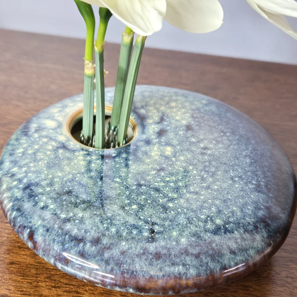 Vintage Ikebana Ceramic Blue Flower Frog Vase Handmade, Painted, Signed Gp 02